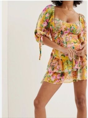For Love & Lemons Nina Floral Dropped-Waist Mini Dress Size 1x